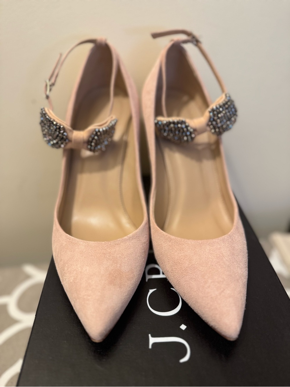 PRE-LOVED J.Crew Collection pink suede stiletto heels with rhinestone bow detail